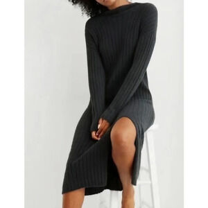 Aerie Ribbed Long Sleeve Soft Fitted Sweater Dress Gray Ribbed Bodycon XS